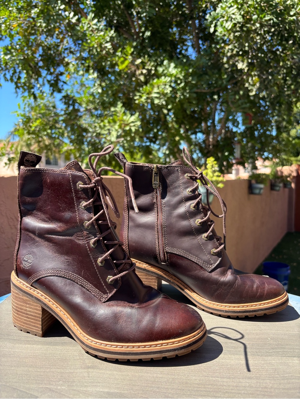 Timberland Brown Leather Lace-Up Zip Stacked Heel Boots